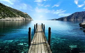 Wooden bridge, river, mountain, blue HD wallpaper