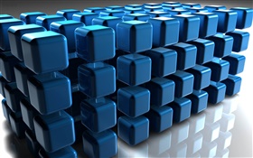 3D blue cube, floor reflection HD wallpaper