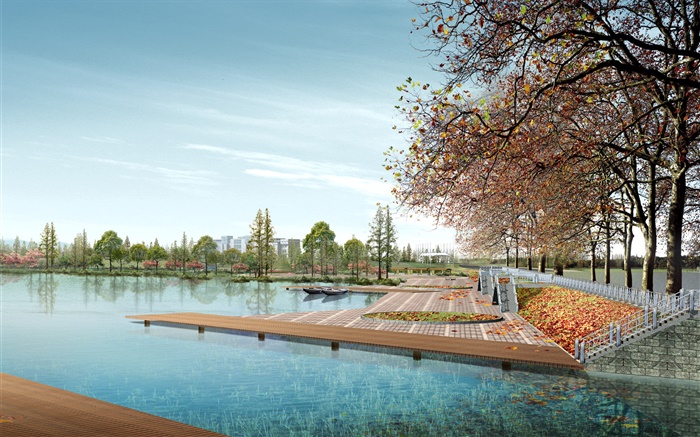 3D design, city parks, trees, lake Wallpapers Pictures Photos Images