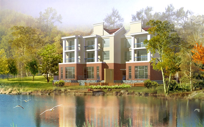 3D design, house, lake, birds, trees Wallpapers Pictures Photos Images