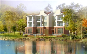 3D design, house, lake, birds, trees HD wallpaper
