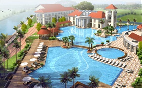 3D design, leisure resorts, swimming pool, river