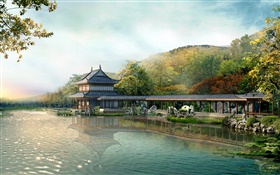 3D design, parks, corridors, pavilions, lake HD wallpaper