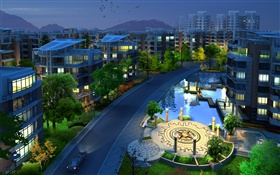 3D design, residential night, lights, houses HD wallpaper