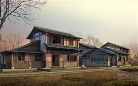 3D design, retro, wooden house HD wallpaper