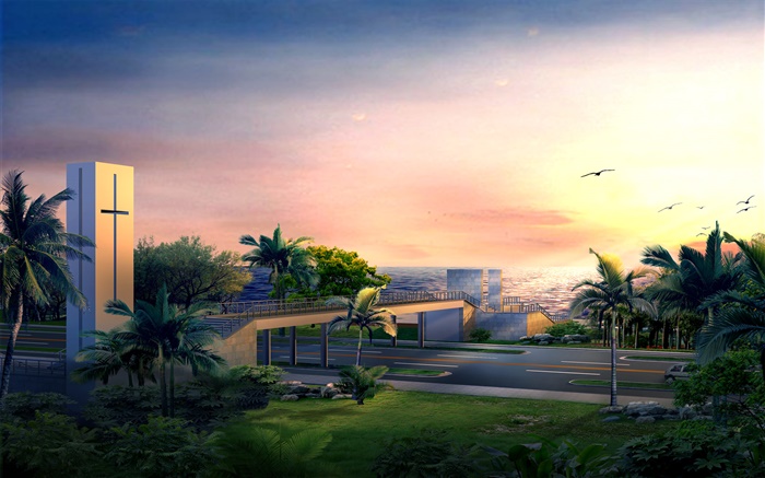 3D design, road pedestrian bridge, sea, dusk Wallpapers Pictures Photos Images