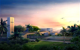 3D design, road pedestrian bridge, sea, dusk HD wallpaper