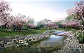 3D design, spring park, flowers in full bloom, creek HD wallpaper