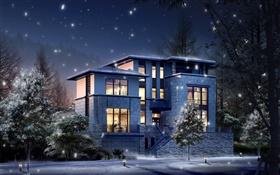 3D design, the villa at night, light, firefly HD wallpaper