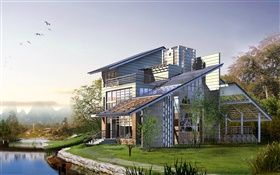3D design, the villas location, river, boat HD wallpaper