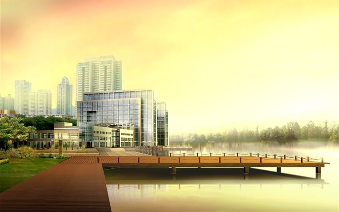 3D design, urban high-rise buildings, river, pier Wallpapers Pictures Photos Images