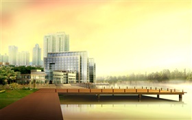 3D design, urban high-rise buildings, river, pier