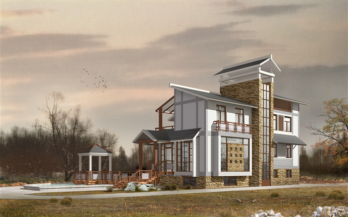 3D design, villas, dusk, birds Wallpapers Pictures Photos Images