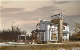 3D design, villas, dusk, birds HD wallpaper
