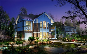 3D design, villas night, lighting, ponds, trees HD wallpaper