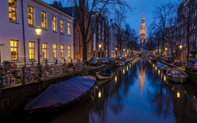 Amsterdam, Holland, night, houses, river, boats, lights HD wallpaper