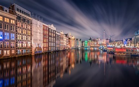Amsterdam, night, lights, house, river, reflection HD wallpaper