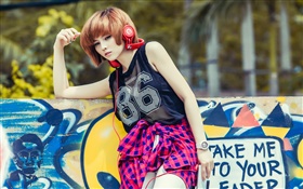 Asian girl listen music, headphones HD wallpaper