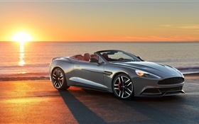 Aston Martin car, sunset, coast HD wallpaper