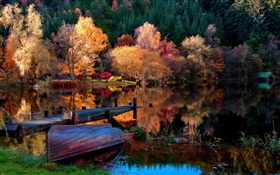 Autumn, trees, pier, boat, lake, water reflection HD wallpaper