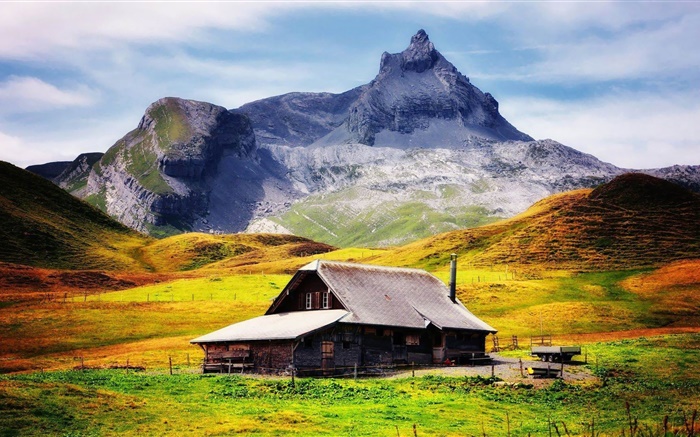 Autumn, yellow grass, house, mountains Wallpapers Pictures Photos Images