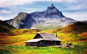 Autumn, yellow grass, house, mountains HD wallpaper