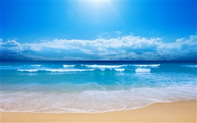 Beautiful beach, sea, waves, blue, sky, clouds HD wallpaper