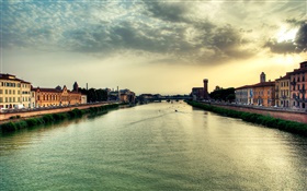 Beautiful town scenery, houses, river, bridge HD wallpaper