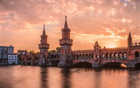 Berlin, Germany, sunset, river, bridge, buildings