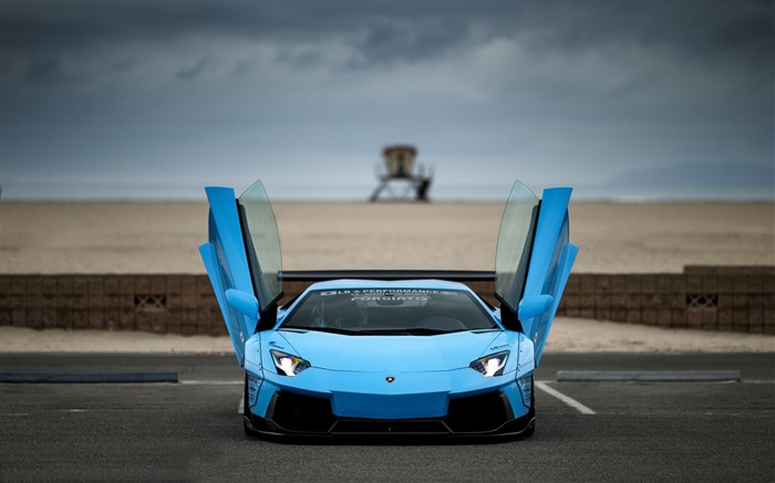 Blue Lamborghini Aventador supercar front view, wings Wallpapers Pictures Photos Images