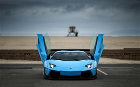 Blue Lamborghini Aventador supercar front view, wings HD wallpaper