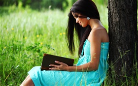 Blue dress girl reading a book HD wallpaper
