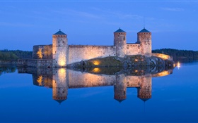 Blue lake, castle, night, lights, water reflection HD wallpaper