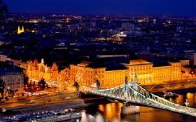 Budapest, Hungary, Danube river, bridge, buildings, night, lights