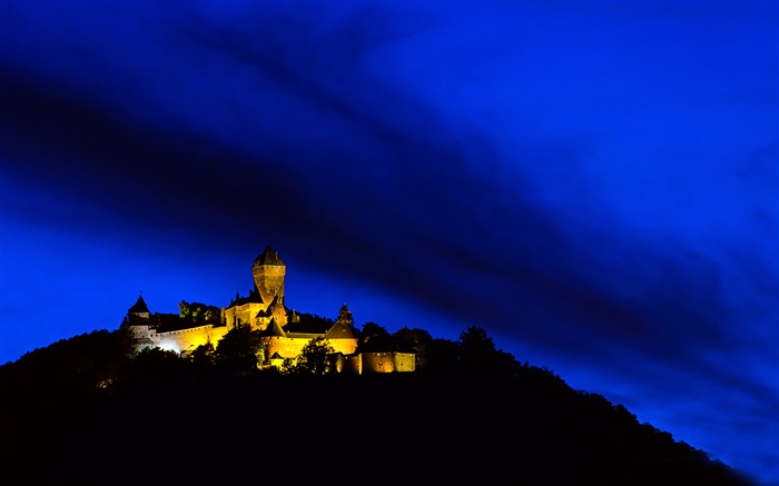 Building, lights, night, mountain, Alsace, France Wallpapers Pictures Photos Images