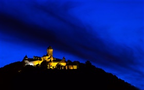Building, lights, night, mountain, Alsace, France HD wallpaper