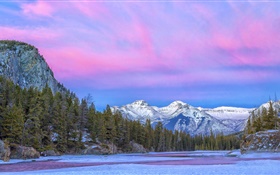 Canada, National Park, river, mountains, trees, clouds, winter HD wallpaper
