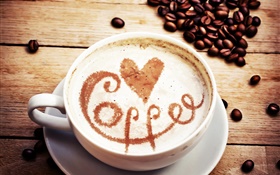 Cappuccino coffee, love hearts, coffee beans HD wallpaper
