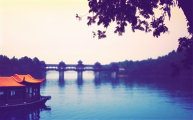 China, town, river, bridge, trees HD wallpaper