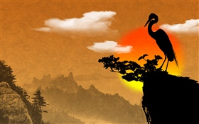 Chinese ink art, bird, cliff, dusk HD wallpaper