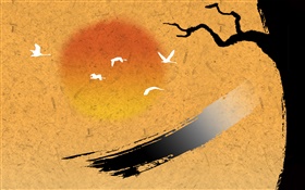 Chinese ink art, birds, tree, sunset HD wallpaper