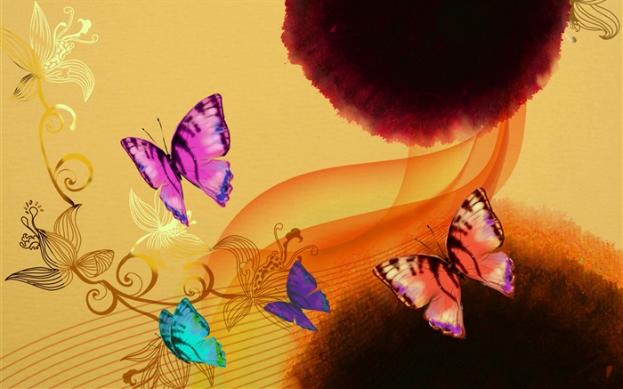 Chinese ink art, colorful butterflies Wallpapers Pictures Photos Images