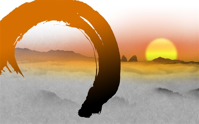 Chinese ink art, sunrise, mountains Wallpapers Pictures Photos Images
