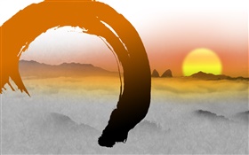 Chinese ink art, sunrise, mountains HD wallpaper