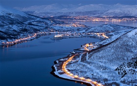 City lights, snow, winter, night, Tromso, Norway