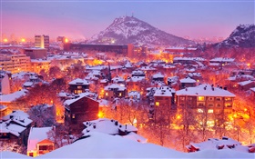 City, lights, winter, night, snow, Plovdiv, Bulgaria