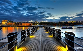 City, pier, bridge, river, houses, lights, night HD wallpaper