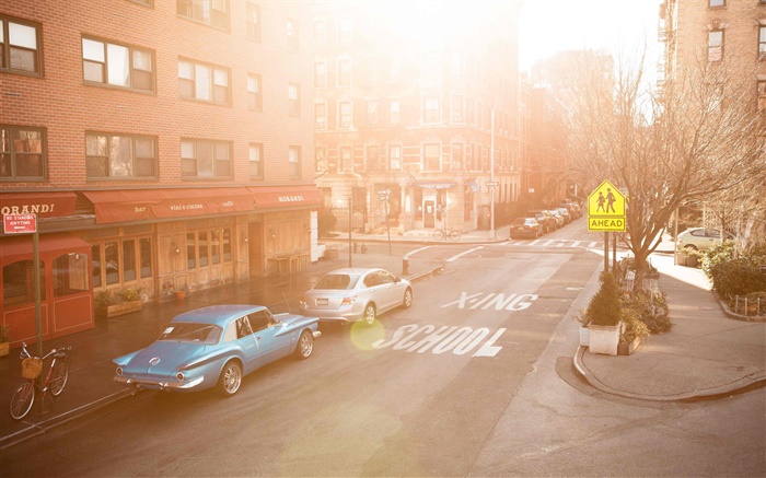 City street, houses, cars, sun rays, morning Wallpapers Pictures Photos Images