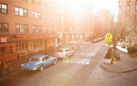 City street, houses, cars, sun rays, morning HD wallpaper