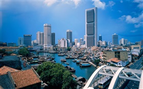 Cityscape, buildings, river, boats